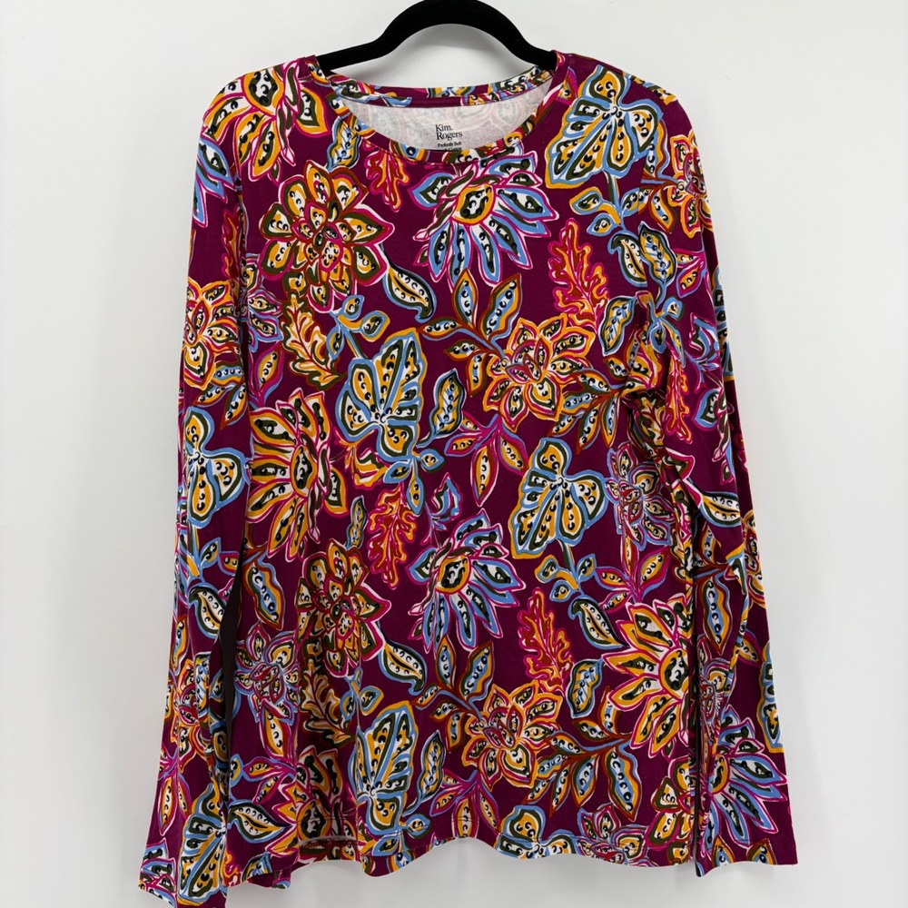 Kim Rogers Perfectly Soft Cotton Long Sleeve Floral Print Top Women's Size M